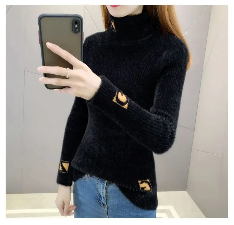 Hoher Kragen Pullover Pullover Frauen Nerz Brief Jacquard Unterlage Solide Western Stricken Unterwolle Herbst Winter Pullover Pullover