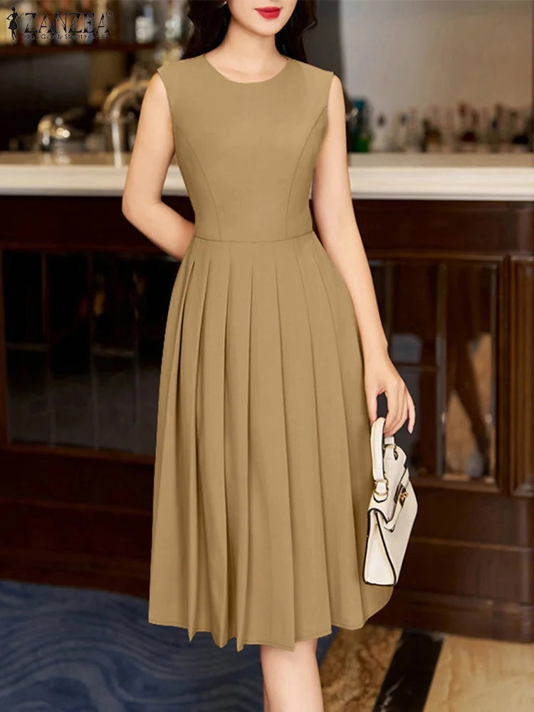 ZANZEA Elegante Frauen Plissee Midi Kleider Ausgestattet Taille Ärmel Solide Party Vestidos 2025, Sommer O Neck Pendeln Roben Femme