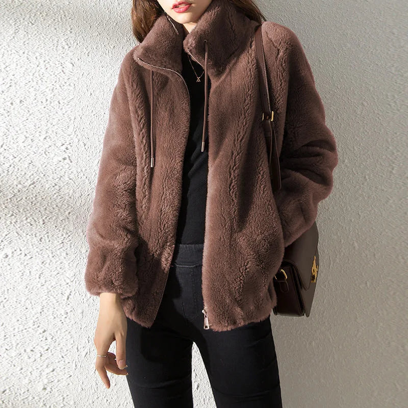 Frauen Winter Doppel Korallen Fleece Warme Mantel Stehkragen Plüsch Dicken Mantel Weibliche Mode Casual Langarm Zipper Kleidung