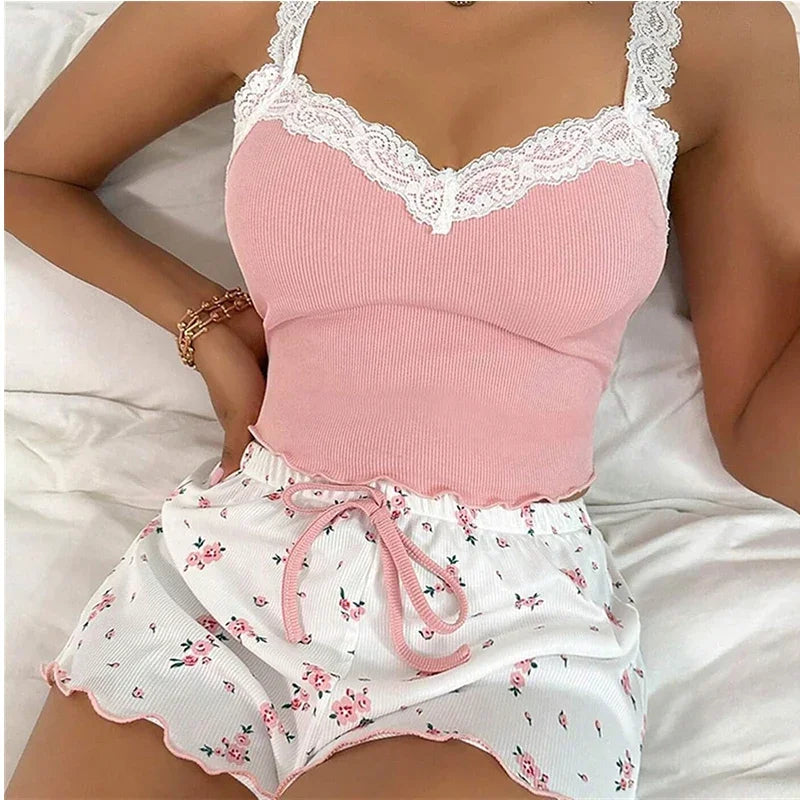 Zweiteiliges Sommer-Pyjama-Set für Damen, gerippt, gestrickt, Blumendruck, Spitzenbesatz, Leibchen, Weste und Schleifen-Shorts, sexy Pyjama-Set
