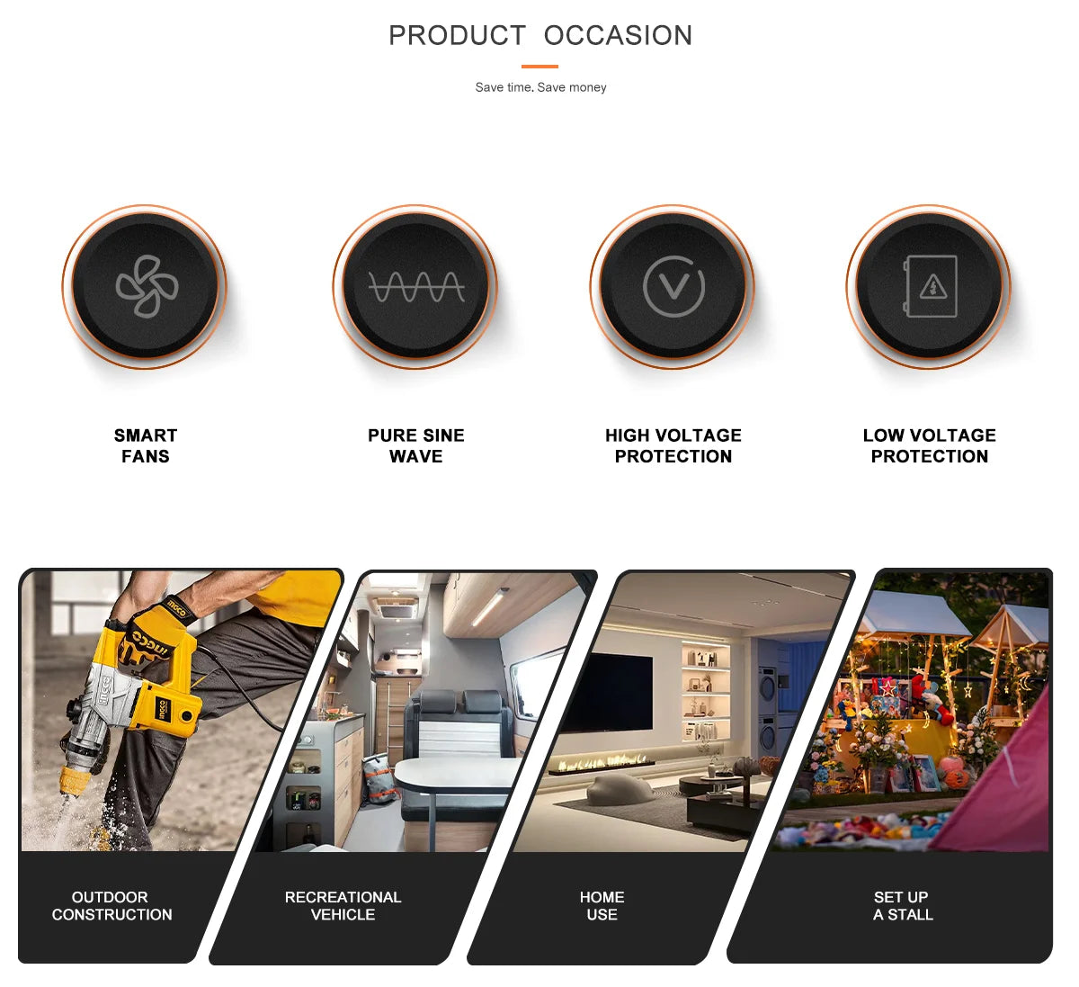 FCHAO Pure Sine Wave Inverter 12V 24V 48V To 220V 230V LCD Display Auto Accessories Power Converter For Home Camping And RV.