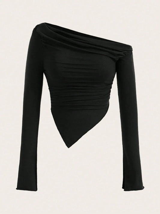 Women Sexy Solid One Shoulder Long Sleeve T Shirts Spring Fall 2025 Y2K Clothes Grunge Goth Slim Fit Tee Tops Tshirt Streetwear.