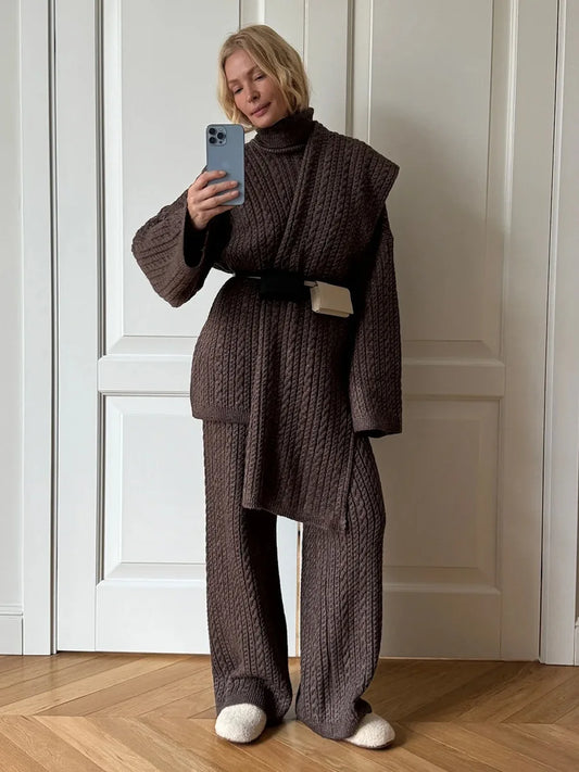Bornladies Herbst Winter Mode frauen Neue Zopfmuster Pullover Breite Bein Hosen Set Weiche Wolle Mischung Lose Fit High Neck Pullover