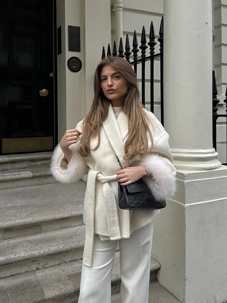 Frauen Mäntel Elegante Revers Plüsch Mit Gürtel Faux Pelz Hülse Tweed Offenen Mantel Weibliche 2025, Herbst Winter Mode Dame streetwear