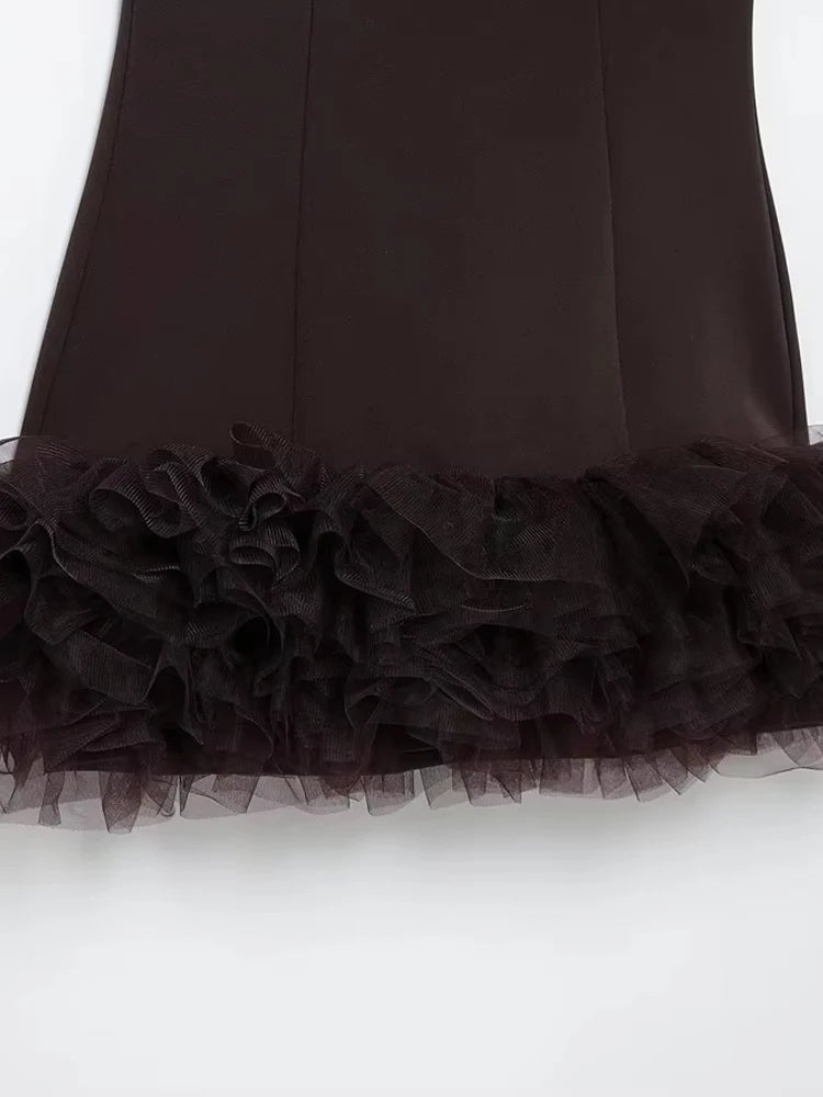 TRZA Wome Mode Mit Tüll Mini Kleid O Neck Ärmellose Zurück Zipper Weibliche Kleider Vestidos Mujer