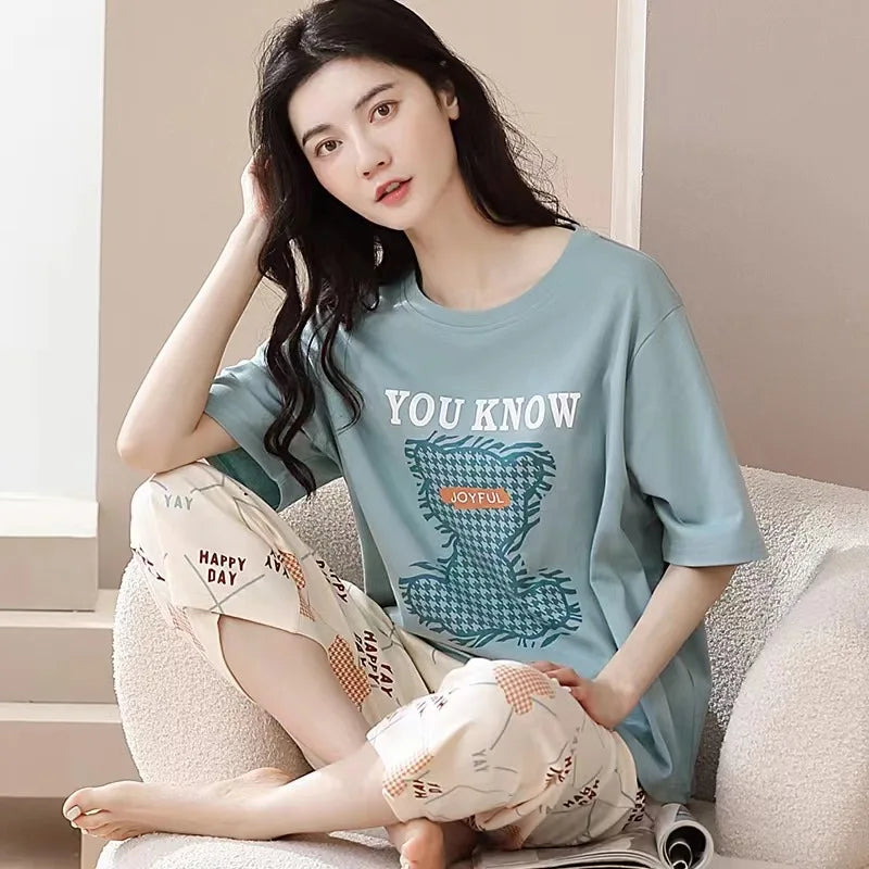 Sommer Neue Damen Pyjamas Homewear Set Kurzarm Pyjamas frauen Sommer Einfache Koreanische Cartoon Lose Große Größe Homewear.