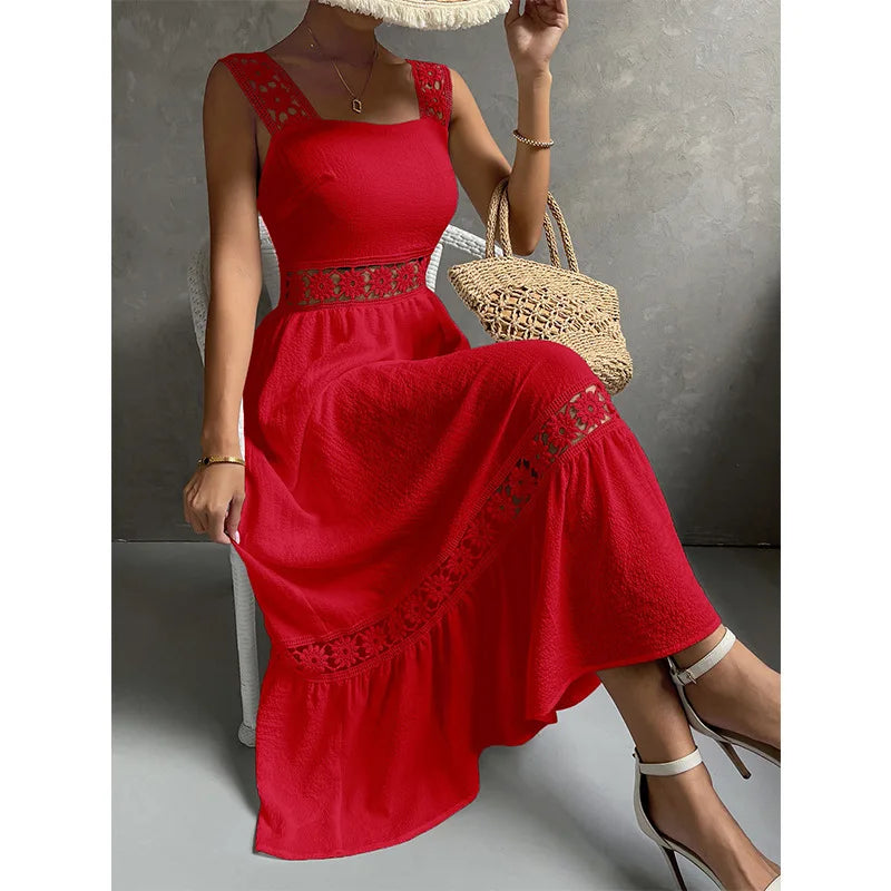 Weiße Lange Kleid Frauen Sommer Sexy Sleeveless Backless Maxi Kleider Damen Elegante Hohle Heraus Spitze Kleid Boho Sommerkleid Vestidos