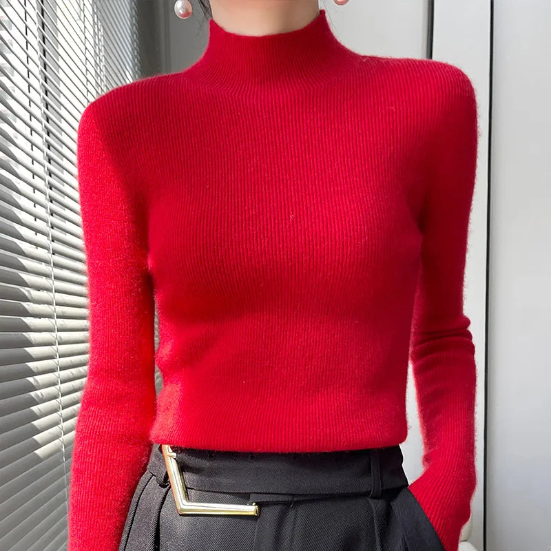 Herbst Winter Frauen Pullover Slim Fit Hohe Strecth Pullover Langarm Inneren Tragen Mock Neck Gestrickte Tops Koreanische Mode Jumper