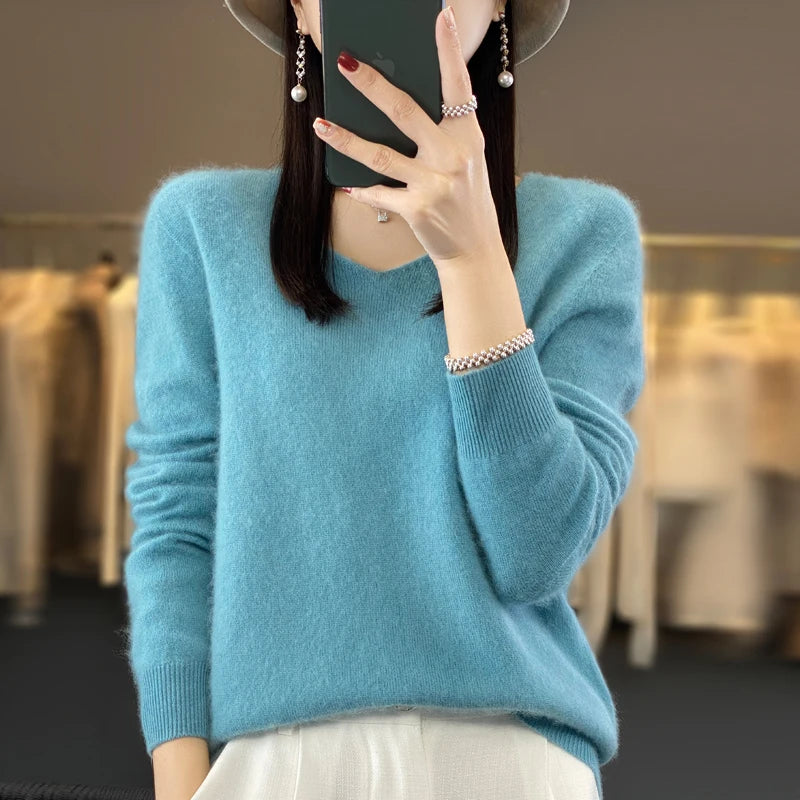 2024 100% Merino Reine Wolle V-ausschnitt Herbst Und Winter Pullover Pullover Neue Kaschmir Pullover frauen Beiläufige Gestrickte Top DMR201