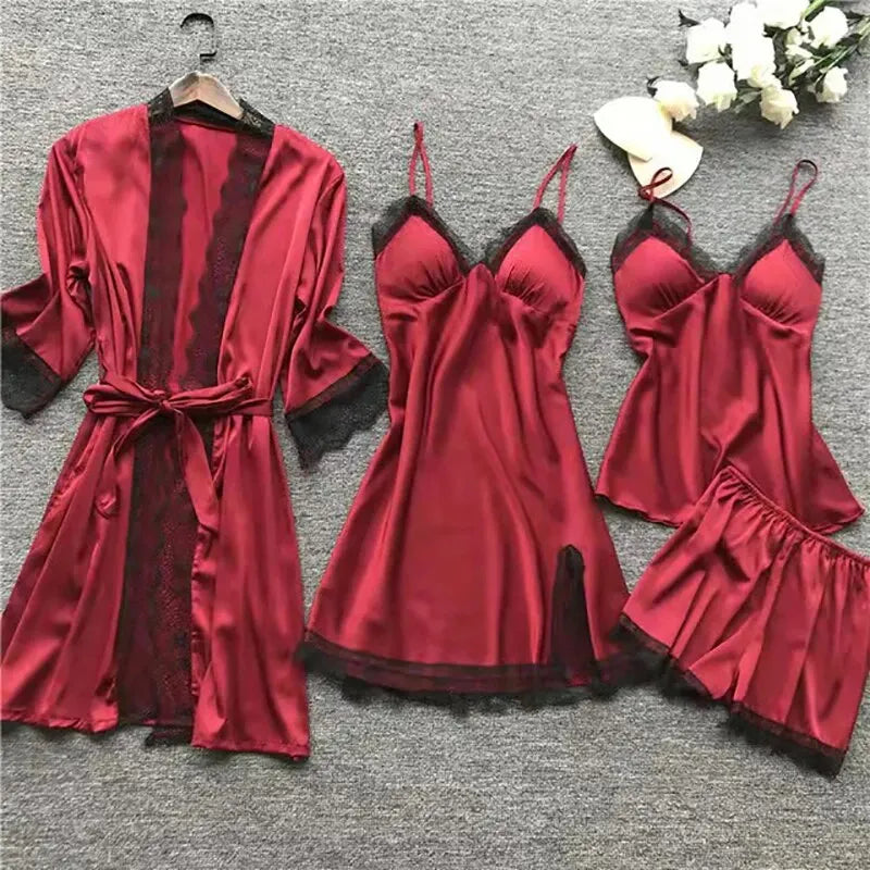 4PCS Nachtwäsche Pyjamas Set Seide Frauen Nachthemd Spitze Kleid Robe Schlaf Nachtwäsche Seide Einfarbig Pijama Sets