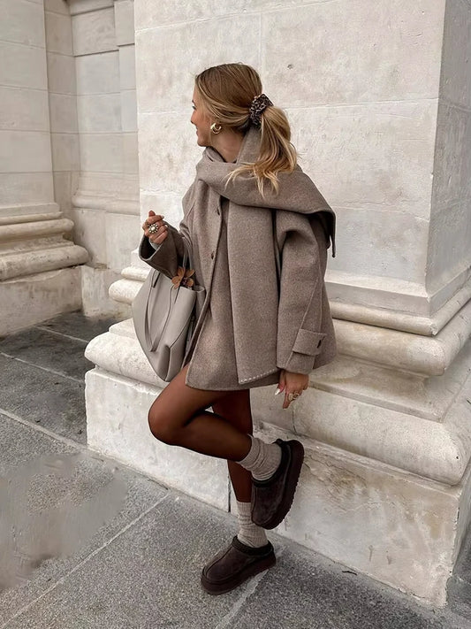 Women Fashion Brown Scarf Coat Jacket Loose Long Sleeve Single Breasted Pocket Jacket Fall/Winter Casual Wool Blend Jacket.