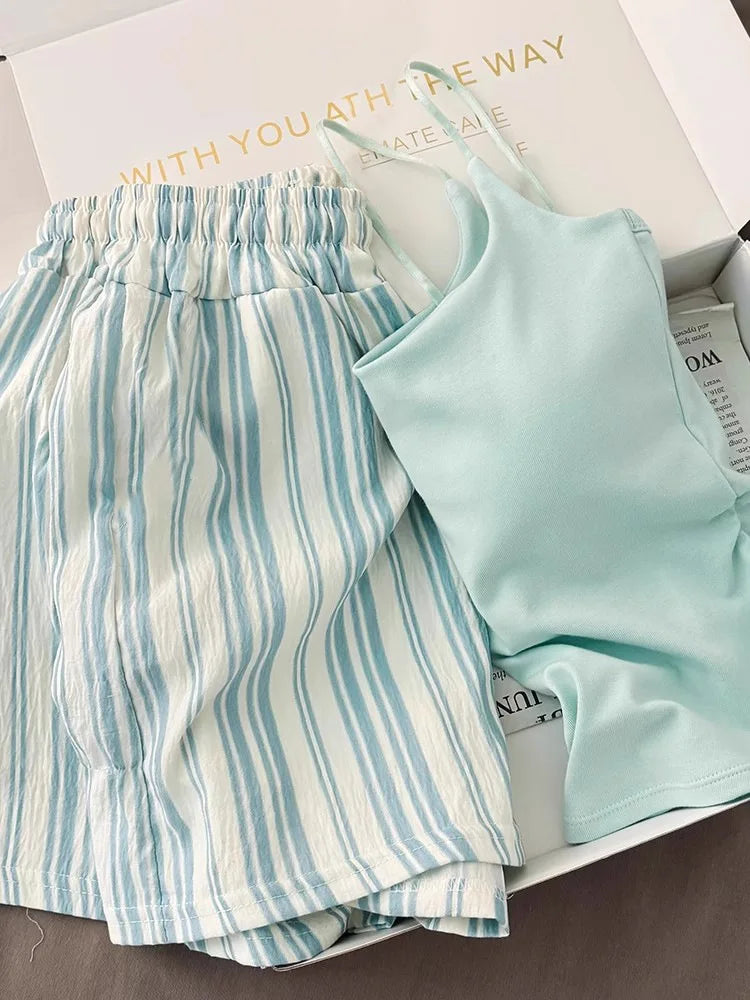 Einfarbiger Pyjama mit Brustpolstern, gestreifte Shorts für Damen, Sommer, dünne Leibchen-Shorts, Loungewear, großer Pyjama, zweiteiliges Set