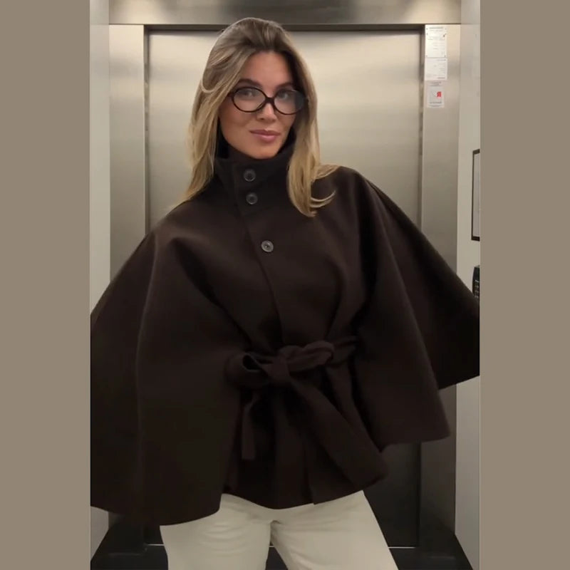 Damenmantel, kurze Cape-Mäntel für Damen, Gürtel, Mäntel aus Kunstwolle und Mischungen, Herbst-Winter, feste Mäntel, elegante Umhangjacke für Damen