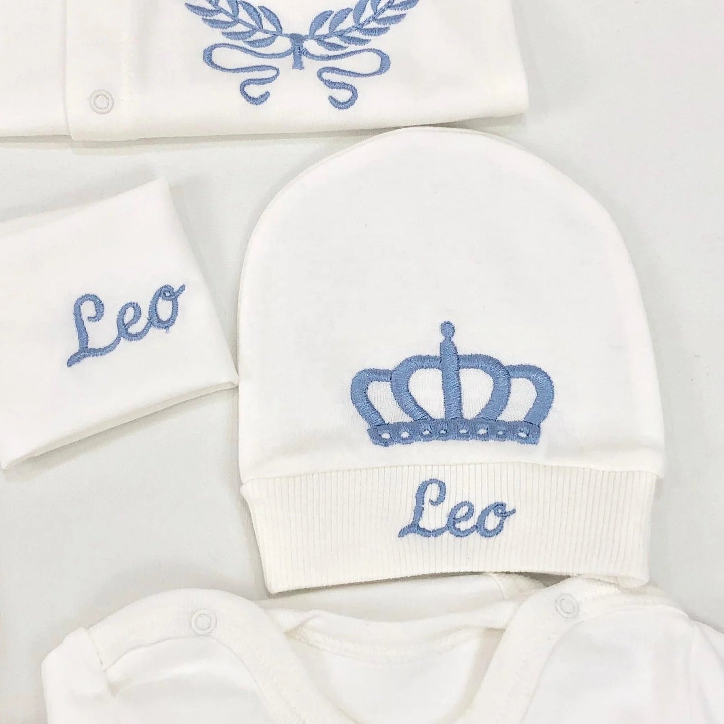 10-teiliges blaues 100 % Baumwollgewebe, gestrickt, Großhandel, individuell gestaltet, Neugeborene, neues Design, Winterkleidung, Kleidung, Luxus-Baby-Strampler-Set