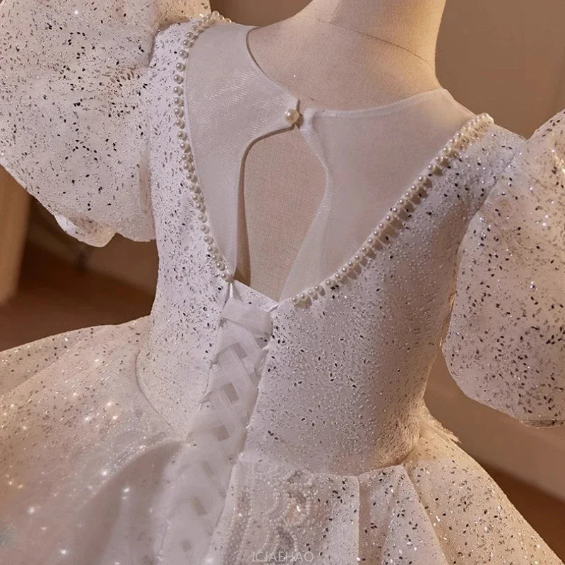 2025 Mädchen Neue Mode Prinzessin Kleid Große Kinder Weiß Klavier Leistung Puffy FormalParty WearParty Tragen Kleid Host Outfit Geburtstag