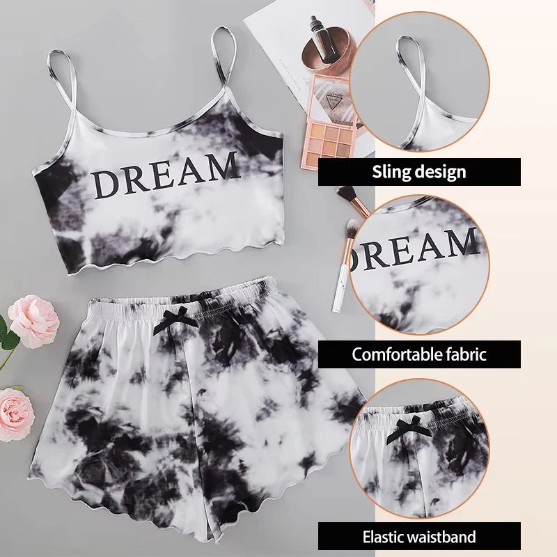 Y2K Tie Dye Dream Grafik-Pyjama-Set für Damen, Cami-Crop-Top und Shorts, zweiteilige Nachtwäsche, Loungewear, sexy Salatbesatz, neu und heiß