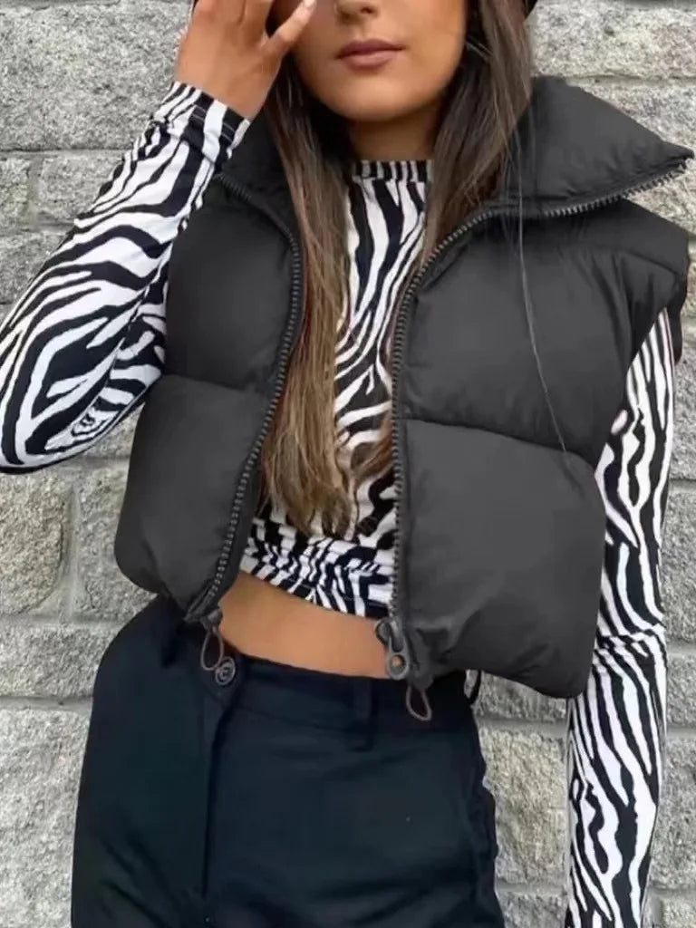 Herbst Winter Kurze Baumwolle Weste Elegante Solide Zipper Ärmel Stehkragen Warme Stepp Weste Mäntel Reise Jacke Im Freien
