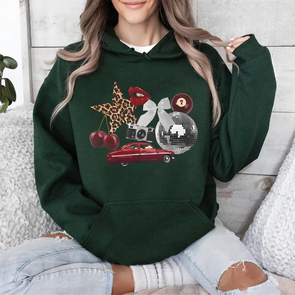 New York Aesthetic Hoodie Leopard Print Star Graphic Sweatshirt Cherry Girl Pullover Streetwear Y2k Women Long Sleeves Hoodies.