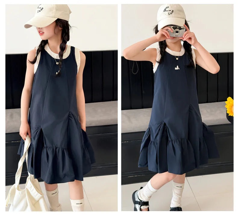 Neues Sommer-Mädchen-Prinzessinnenkleid für Kinder, ärmelloses Kleid mit Rüschen, Design-Kleider für Teenager, Kinder, lässiges Urlaubs-Strandkleid