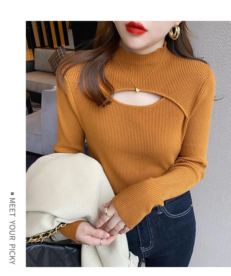 Herbst Winter Gestricktes Hemd Frauen Pullover Stricken Pullover Tops Mode Weibliche Lange Hülse Dünne Elastische Dünne Pullover Shirts