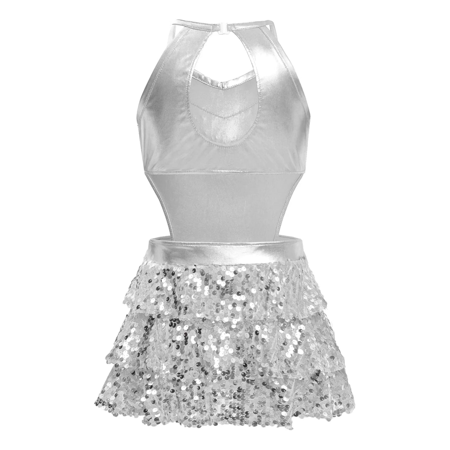 Kinder Mädchen Pailletten Jazz Ballett Tanzkleid Ärmellos Ausschnitt Tiered Rüschen Trikot Salsa Samba Rumba Skating Performance Kostüm