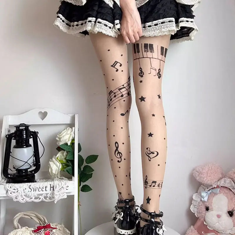 Women Personalized Stocking Gothic Music Notes Print Tights Thin High Elasticity Black Skin Leggings Spicy Girls Y2K Hosiery