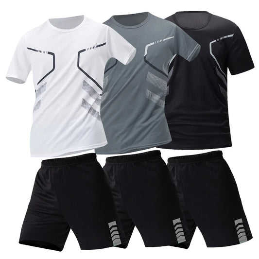 2-pcs Men's Quick-drying Exercise Black-and-white Suit Running Fitness Breathable Short Sleeve Comfortable Joker Playing Shorts.