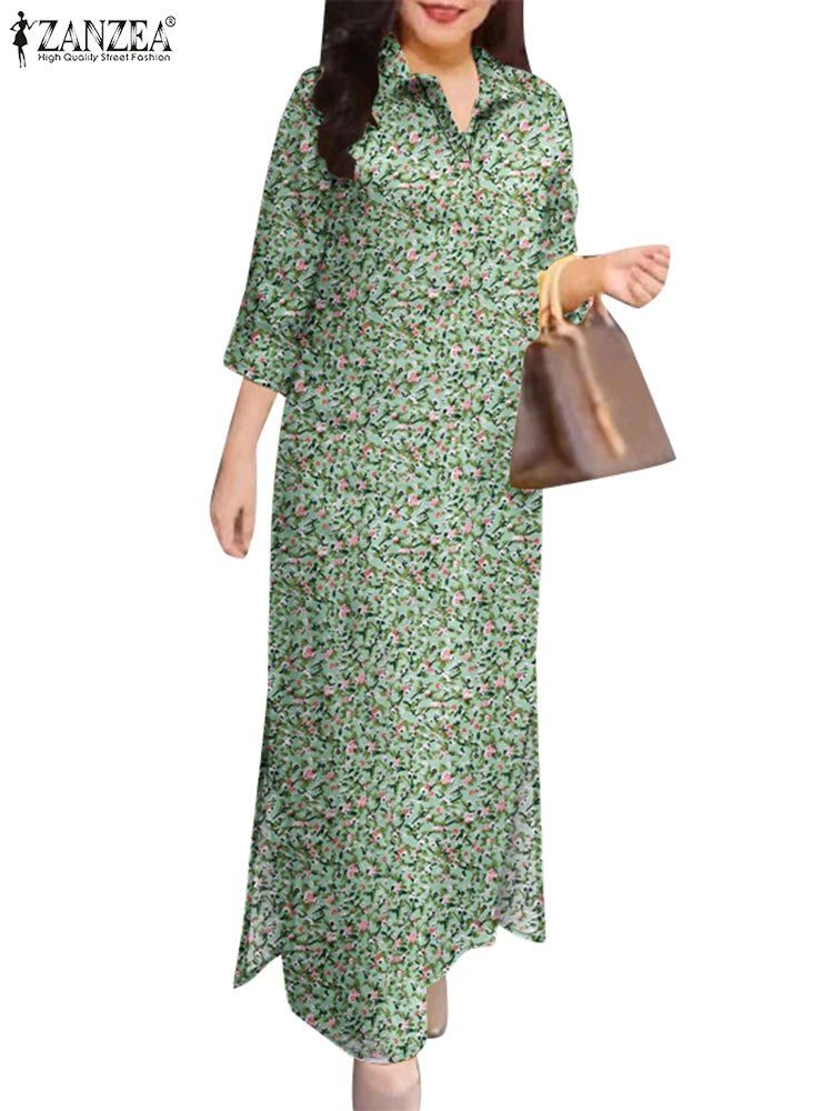ZANZEA Herbst Sommer Floral Bedruckte Kleider Frauen Maxi Sommerkleid Bohemian Casual 3/4 Hülse Urlaub Vestidos Kaftan Robe Femme