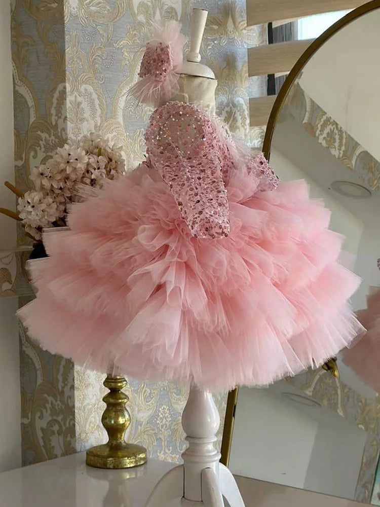 Wunderschönes und elegantes langärmliges Mädchenkleid mit V-Ausschnitt und Pailletten für Kinderklavieraufführungen, Laufsteg-Performance-Mesh-Kuchenkleid