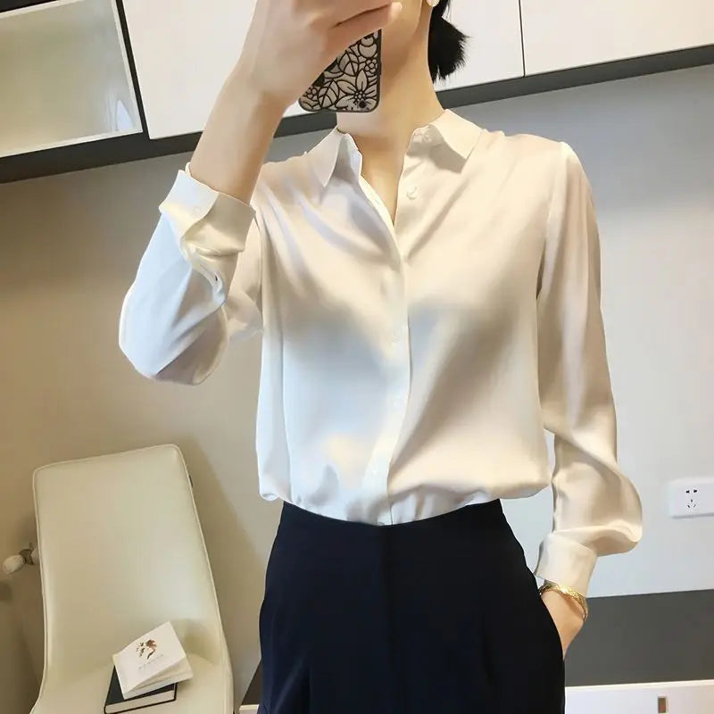 Spring Summer Casual Women's Satin Shirt Lapel Long Sleeve Blouse Loose Solid Color Office Lady Fashion Shirts Top