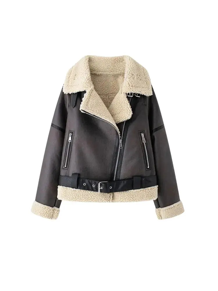 TRZA-Damen-Jacke aus dickem, warmem Wildleder mit Gürtel, langärmlige Mäntel, Kunstscheren, weibliche Oberbekleidung, schicke Oberteile, Wintermode