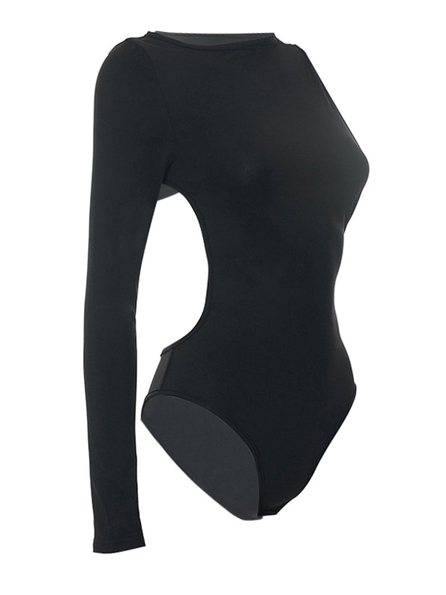 Women Spring Summer One-Side Long Sleeve Off Shoulder Backless Solid Color Casual Party Bodysuit Black Tops.