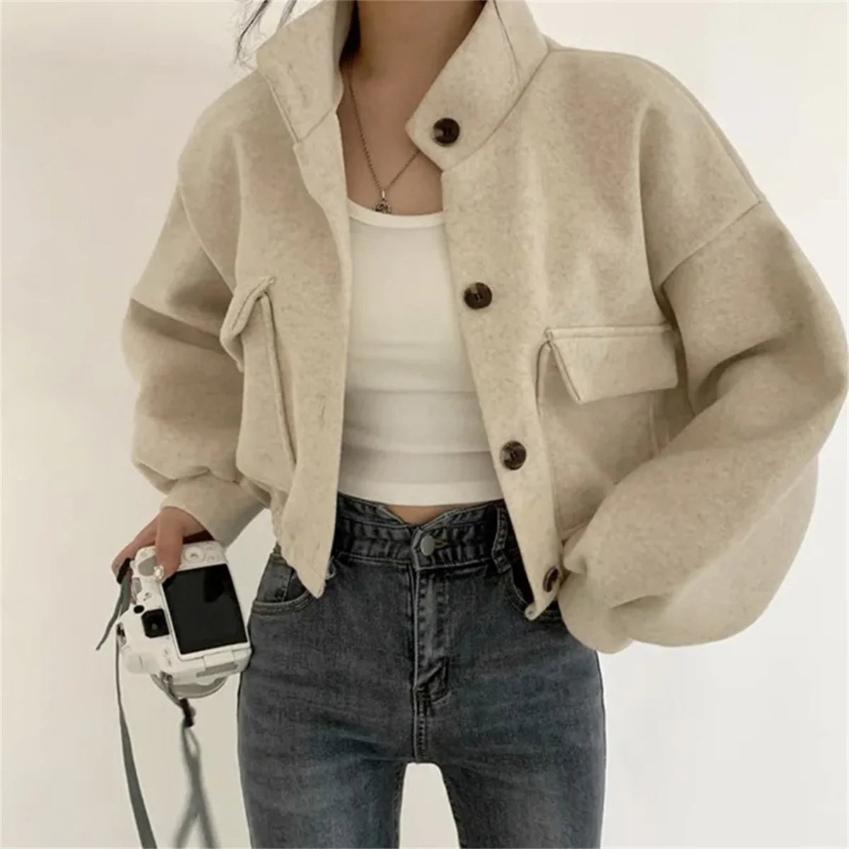 Korean Fashion Herbst Winter Mantel Frauen Neue In Stehen Neck Feste Taste Lose Jacke Dame Casual Straße Outwear Vintage Kleidung