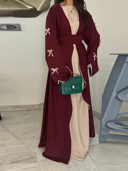 Ramadan Eid Open Modest Kimono Butterfly Bow Abaya Dubai Luxury Muslim Abayas for Women Islam Kebaya Caftan Robe Femme Musulmane.