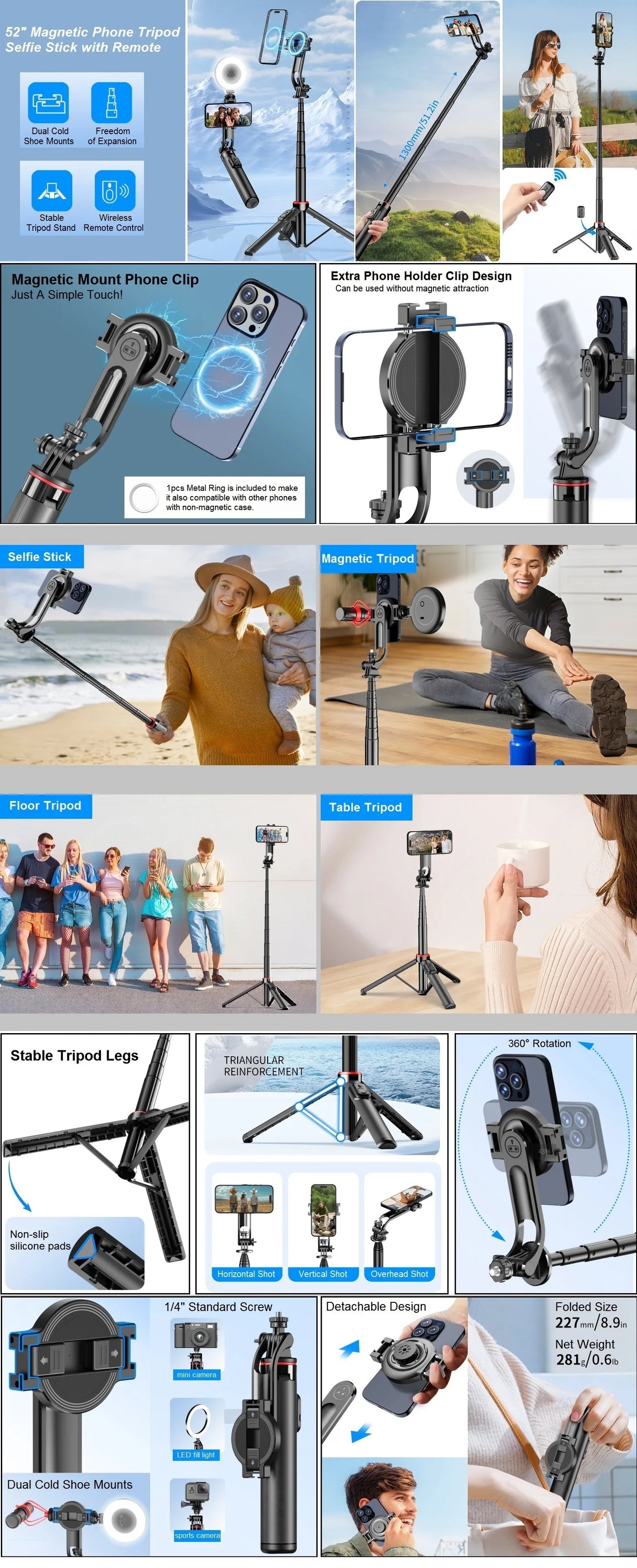 Magnetic Selfie Stick for iPhone Phone Camera 51" Extendable Magsafe Tripod Selfie Stick with Remote for Travel Vlog Videos.