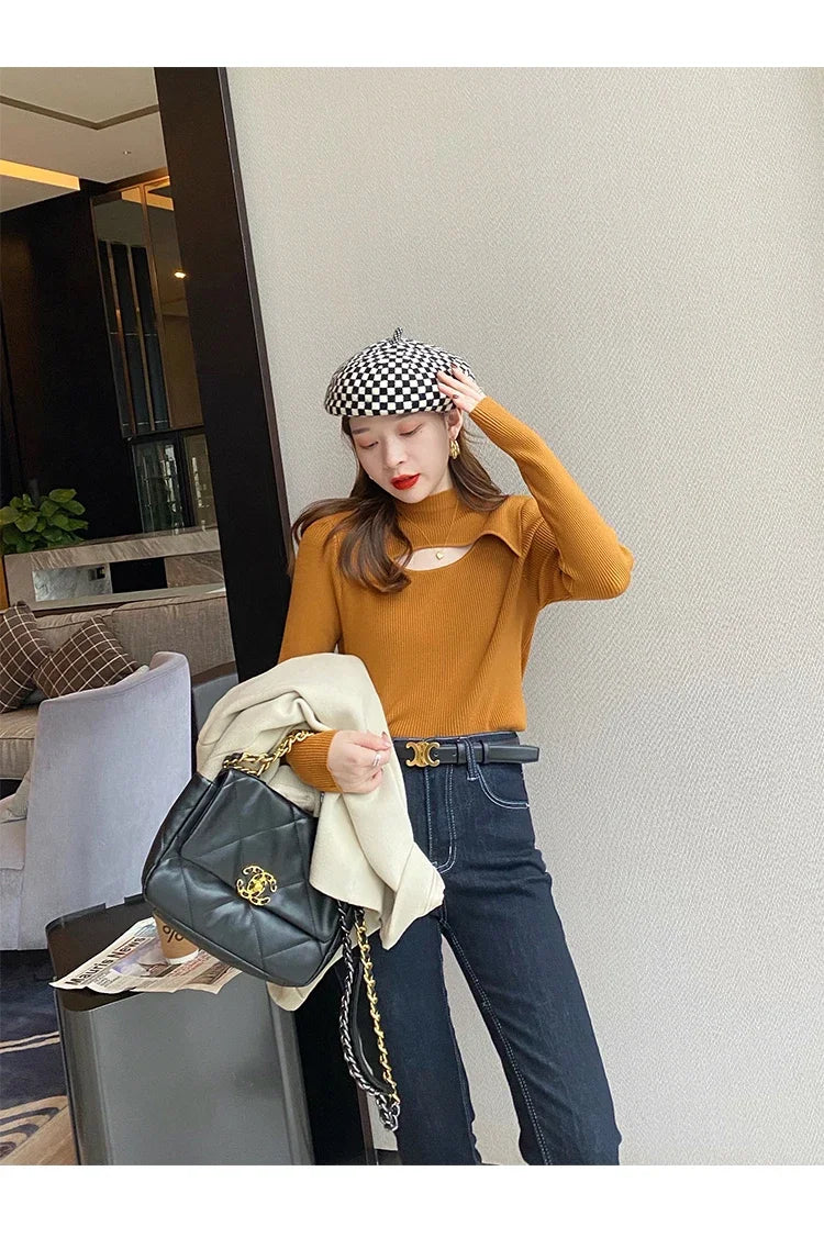 Herbst Winter Gestricktes Hemd Frauen Pullover Stricken Pullover Tops Mode Weibliche Lange Hülse Dünne Elastische Dünne Pullover Shirts