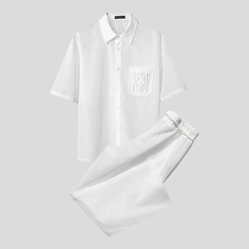 INCERUN Men Sets Mesh Patchwork See Through Sexy Short Sleeve Shirts & Pants Two Pieces Sets Streetwear 2025 Men's Casual Suits