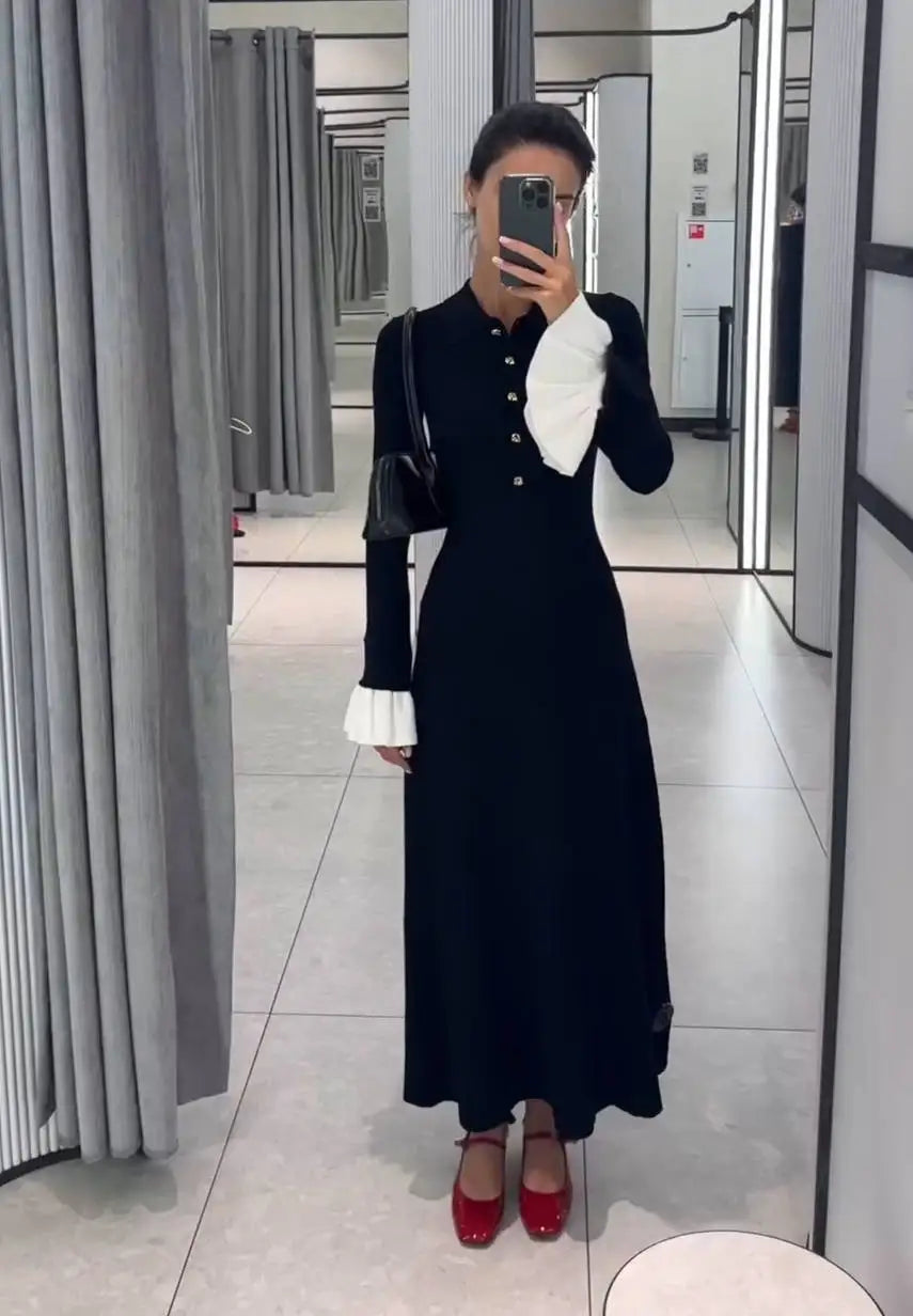 Tossy Weibliche Rüschen Strickwaren Langes Kleid Mode Patchwork Schlank Kontrast Revers Casual Party Kleid Kleid frauen Stricken Maxi Kleid