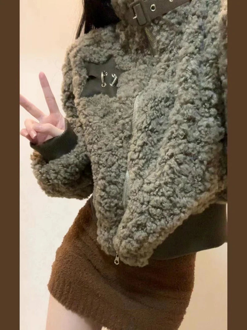 Winter Lamm Wolle Vintage Jacke Frauen Stehen Kragen Faul Wind Casual Zipper Mäntel Langarm 3D Dekoration Lose Geerntete Jacken