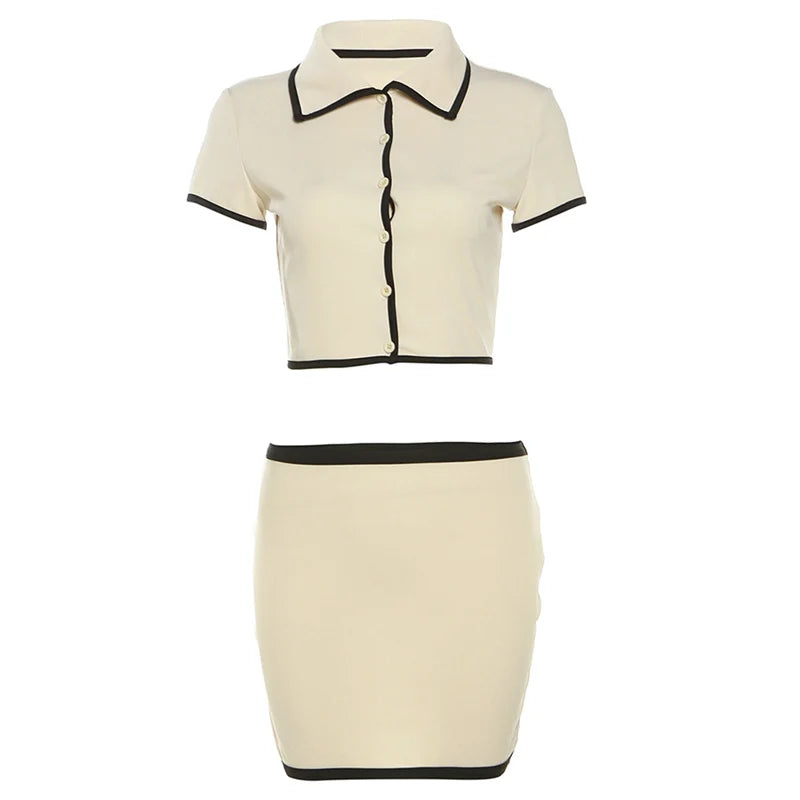 Weird Puss geripptes 2-teiliges Damen-Set, Polo-Ausschnitt, Knopf-Shorts, bauchfreie Tops + Miniröcke, passende Stretch-elegante Streetwear-Outfits