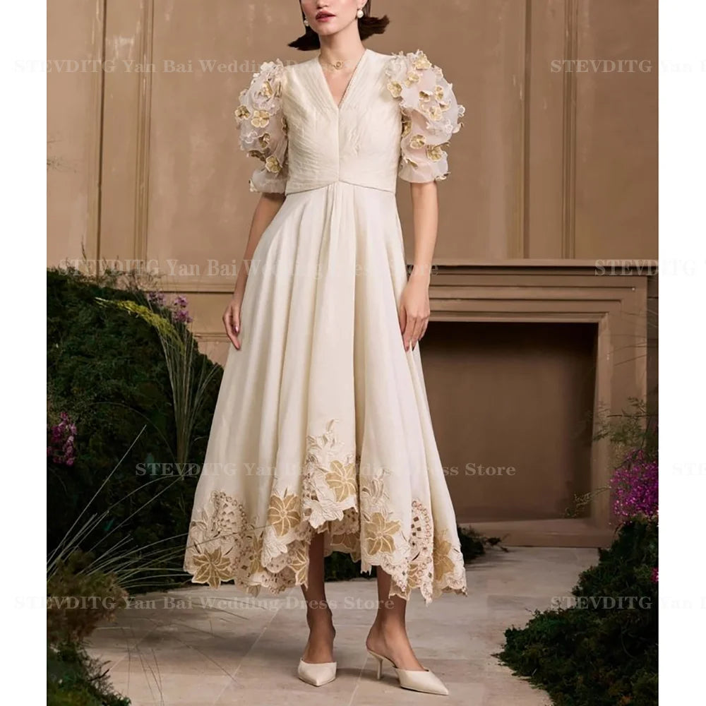 Klassisches Ballkleid mit V-Ausschnitt und halben Ärmeln, modische Applikationen, Tee-Länge, A-Linien-Kleid, Cocktailparty, Stern, roter Teppich, Damenkleid