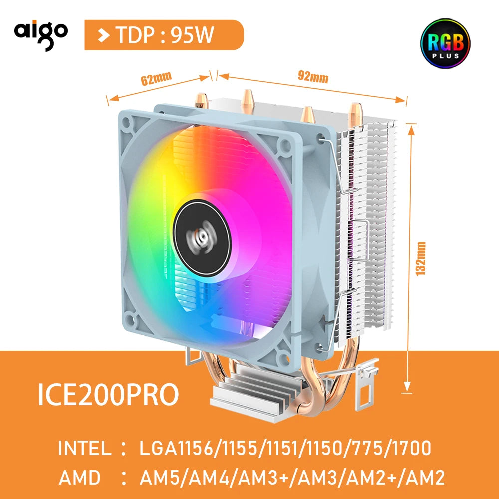 Aigo CPU Cooler 2 4 6 Heat Pipes PC Radiator Cooling 3PIN PWM Silent Rgb Fan For Intel 1700 1150 1155 1156 1366 AM2/AM3/AM4 AMD