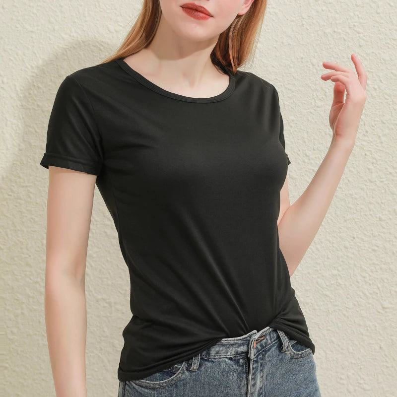 2024 Kurze T-Shirts Sommer Damen Kurzarm Rundhals Casual Bluse Shirts Einfarbig Tops Schwarz / Weiß
