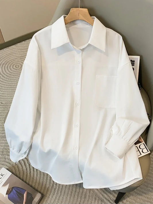 Plus Size Women's Blouses 2025 Spring Autumn Simple Lady Shirts Long Sleeve Big Pockets Shirt Loose Casual Tops.