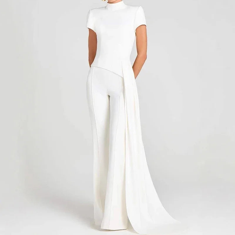 Women Elegant Commuting 2Pc Suit Fashion Stand Collar Solid Color Irregular Set Casual Short Sleeve Pullover & Long Pant Outfits.