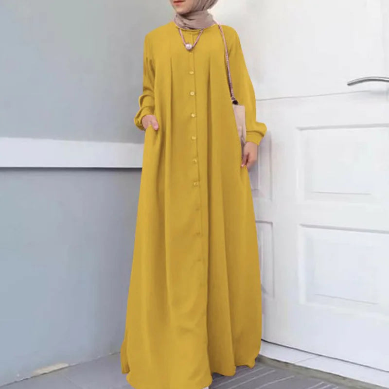 2025Spring Autumn Maxi Long Dress Women Muslim Long Sleeve Dress Loose Casual Dresses Vintage Hijab Islamic Clothing Caftan Robe