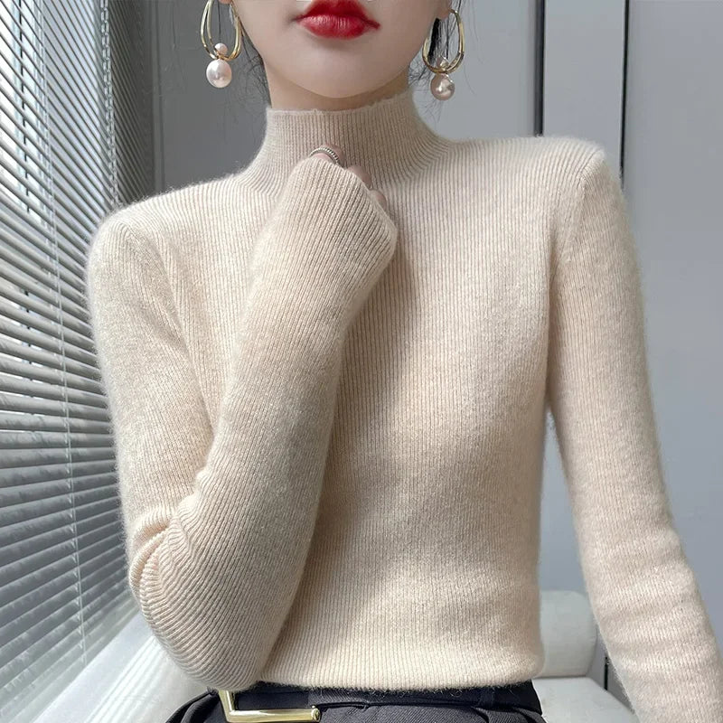 Herbst Winter Frauen Pullover Slim Fit Hohe Strecth Pullover Langarm Inneren Tragen Mock Neck Gestrickte Tops Koreanische Mode Jumper