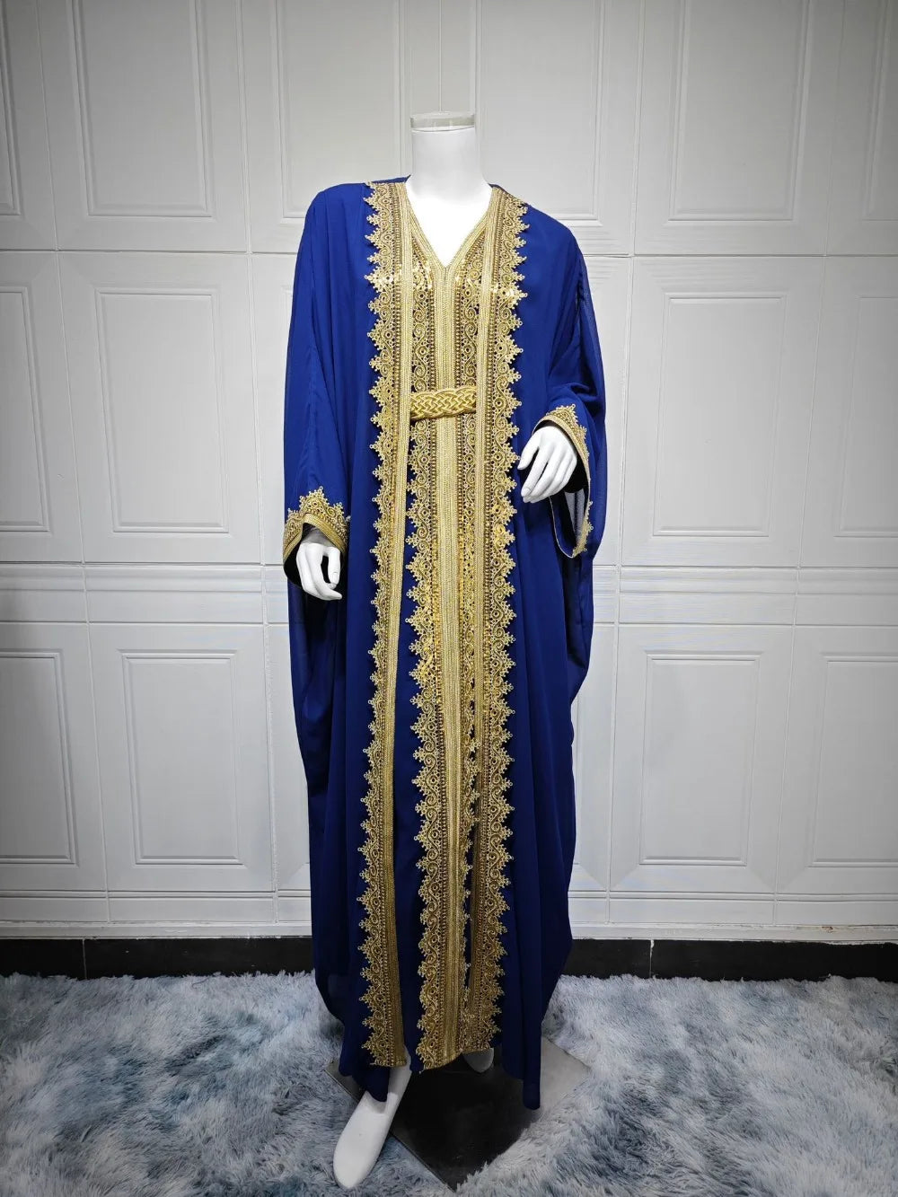 Eid Frauen Abaya Kleid Muslim 2-teiliges Set Strickjacke mit Innenkleid Schnürmantel Kaftan Robe Jalabiya Ramadan Marokko Kaftan 2025