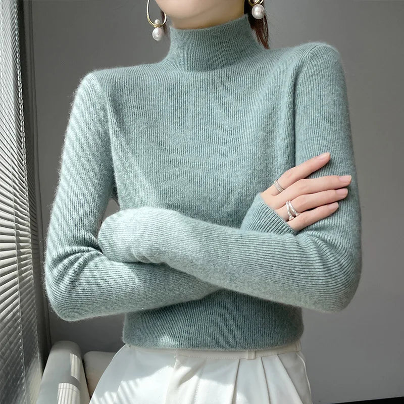 Herbst Winter Frauen Pullover Slim Fit Hohe Strecth Pullover Langarm Inneren Tragen Mock Neck Gestrickte Tops Koreanische Mode Jumper