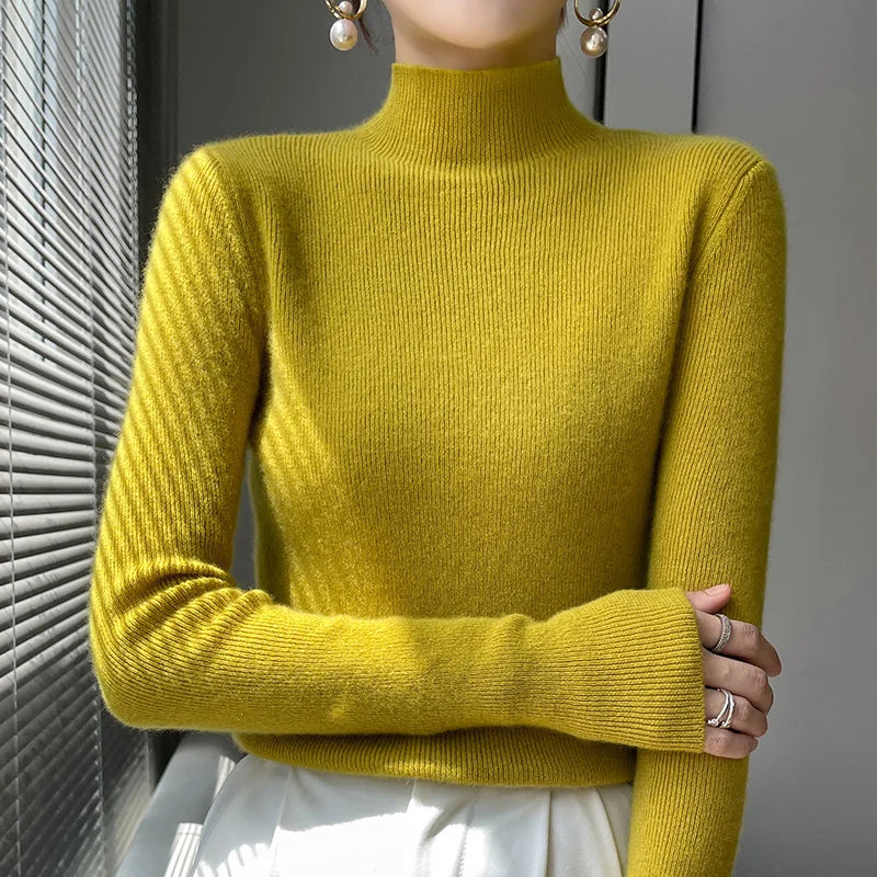 Herbst Winter Frauen Pullover Slim Fit Hohe Strecth Pullover Langarm Inneren Tragen Mock Neck Gestrickte Tops Koreanische Mode Jumper